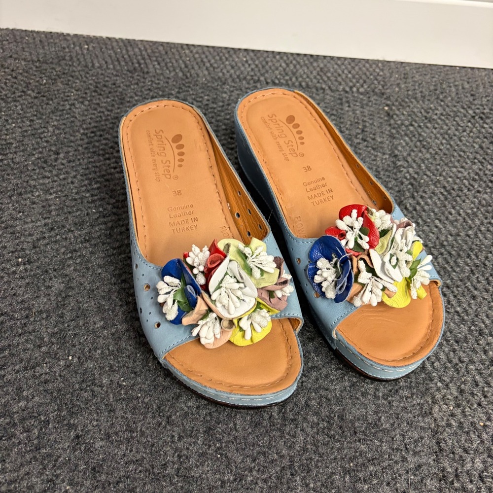 Spring Step Flowerchild Blue Leather Floral Wedge Slide Sandals Mules Womens 38
